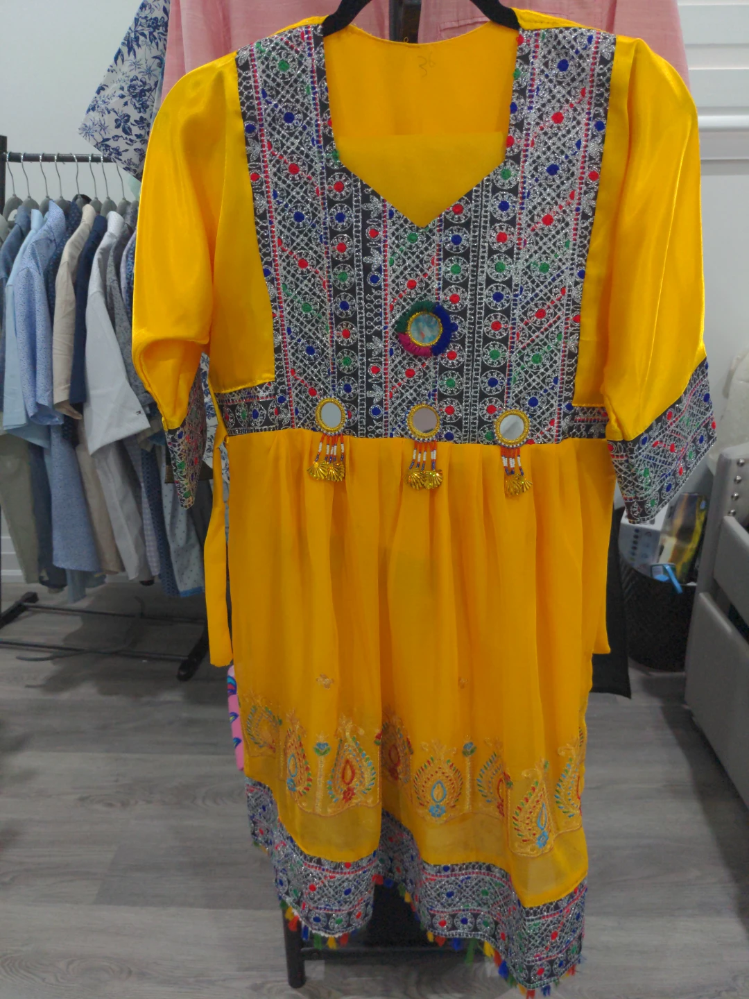 Kids Embroidered Yellow Dress with Mirrors