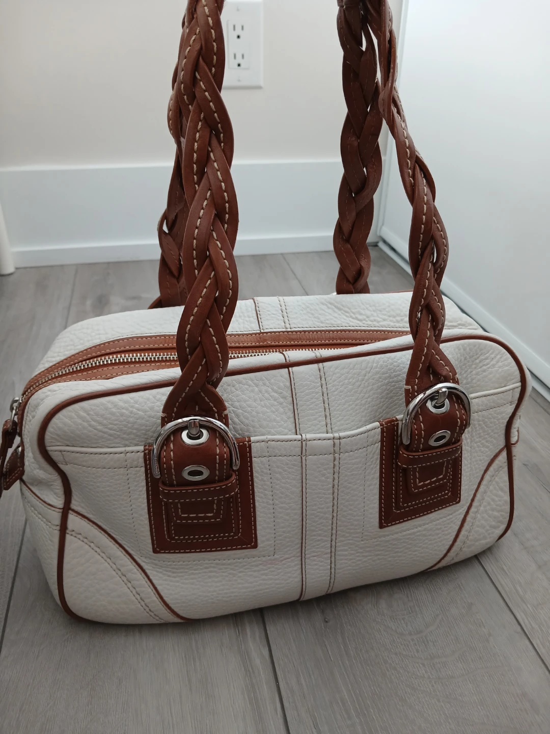 Coach White Leather Shoulder Bag with Brown Braided Handles