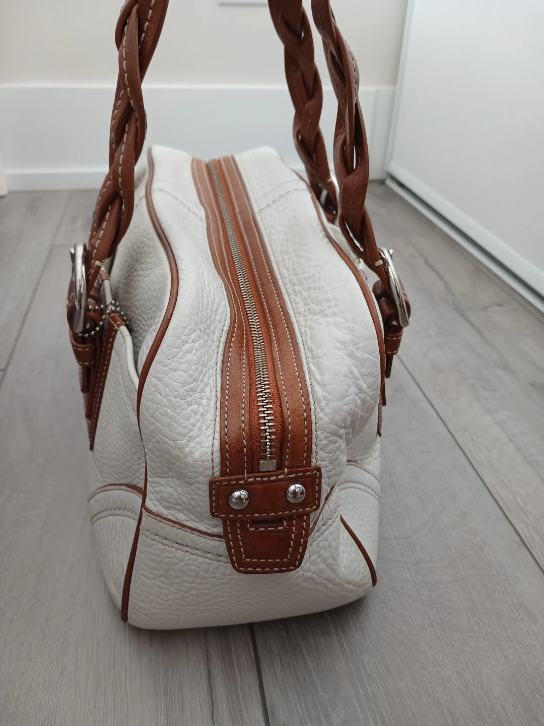 Coach White Leather Shoulder Bag with Brown Braided Handles - photo 2