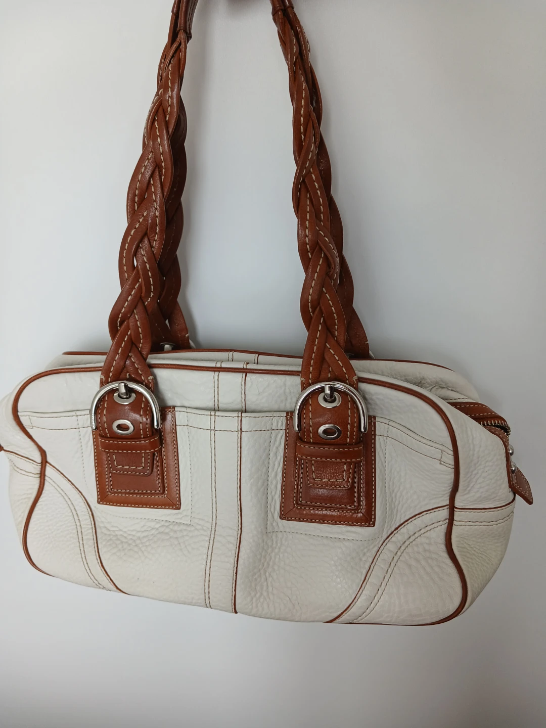 Coach White Leather Shoulder Bag with Brown Braided Handles - photo 4