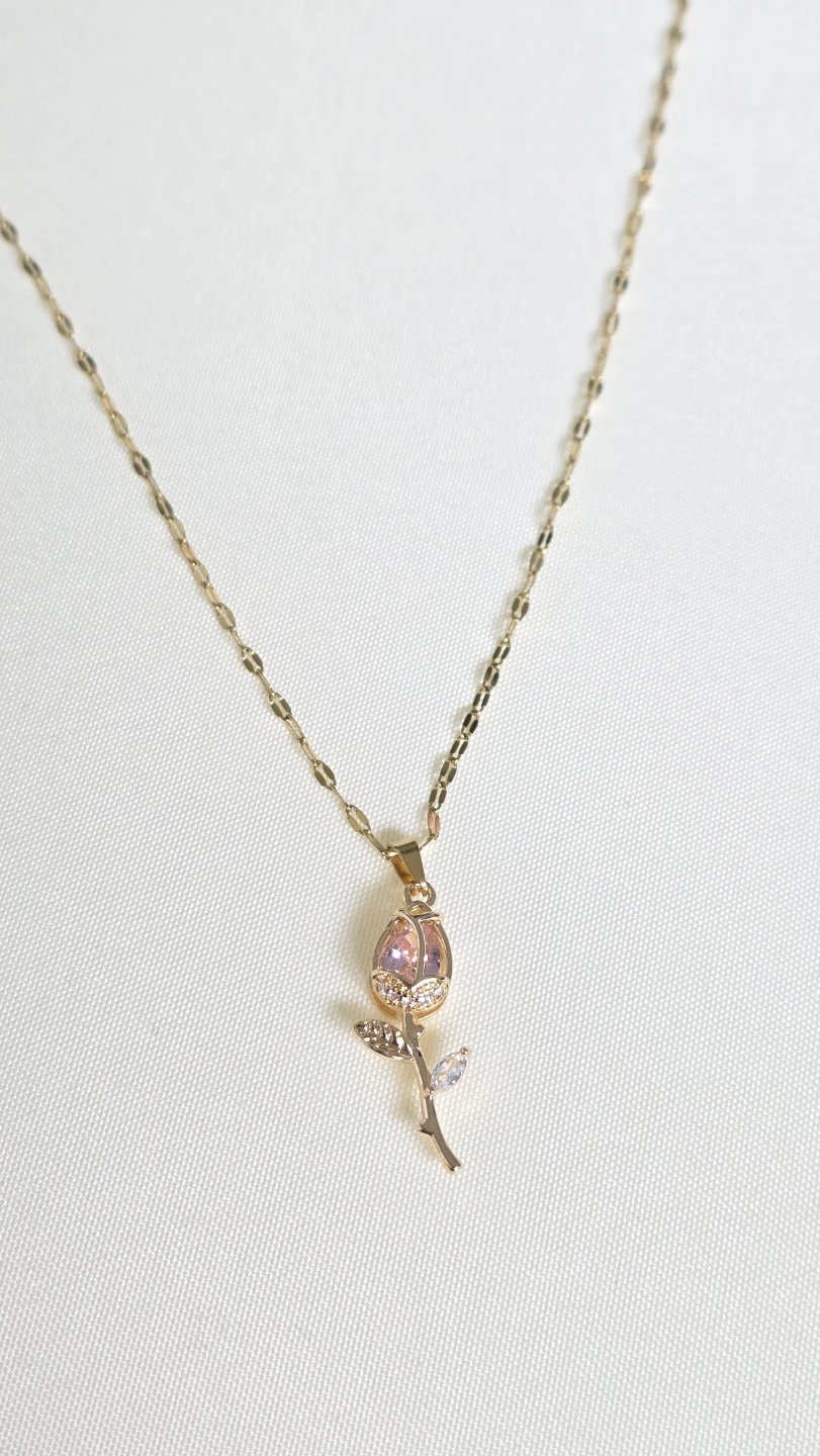 Gold-tone Rose Pendant Necklace with Pink Gem