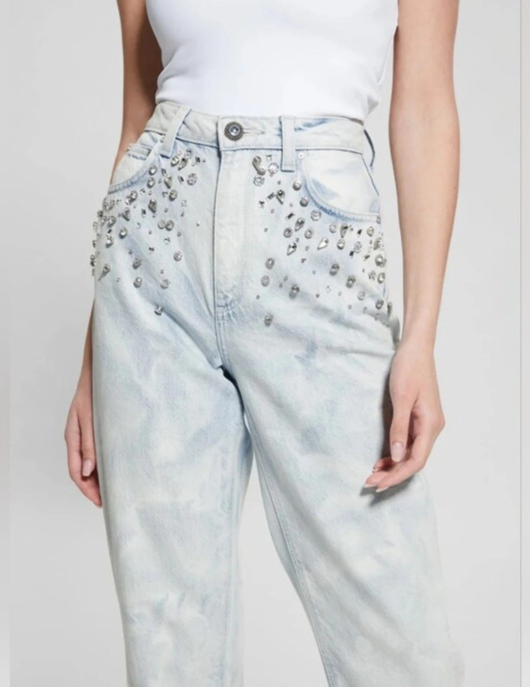 Guess Womans High Rise Mom Jeans with rhinestones