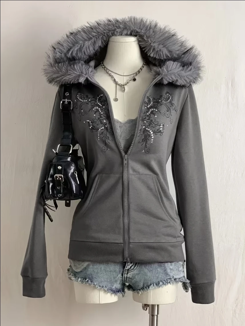 Y2K retro Grey Zip-Up Hoodie with Faux Fur - Size L