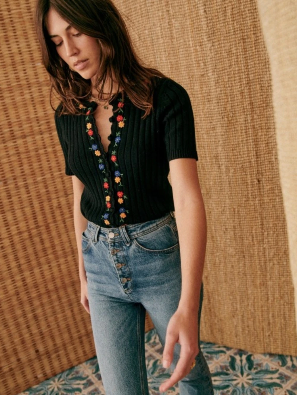 Sézane Ilena Black Short Sleeve Cardigan