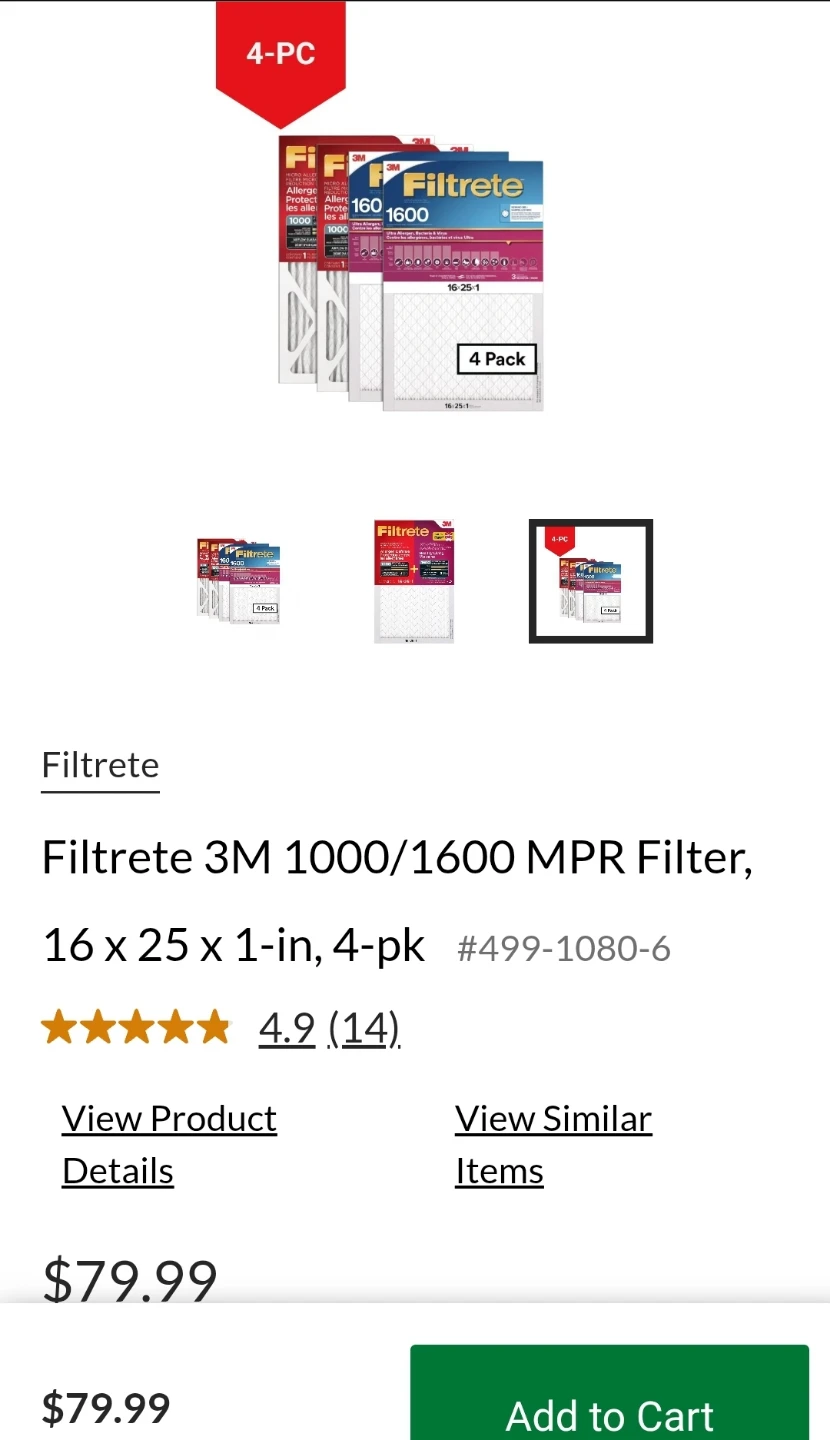 Filtrete 3M 1000/1600 MPR Air Filter 16x25x1 4-Pack