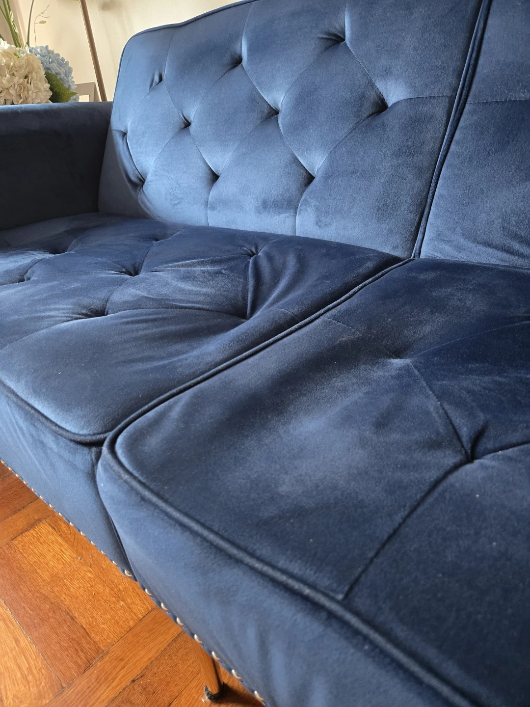 Blue Velvet Futon Sofa Bed with Metal Legs - photo 2