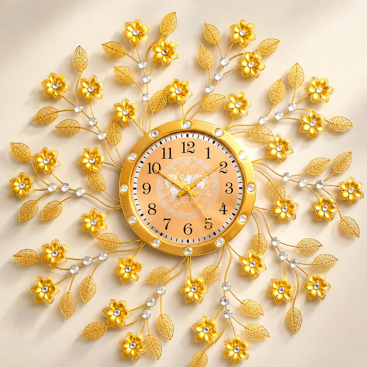 Gold Floral Wall Clock with Rhinestones