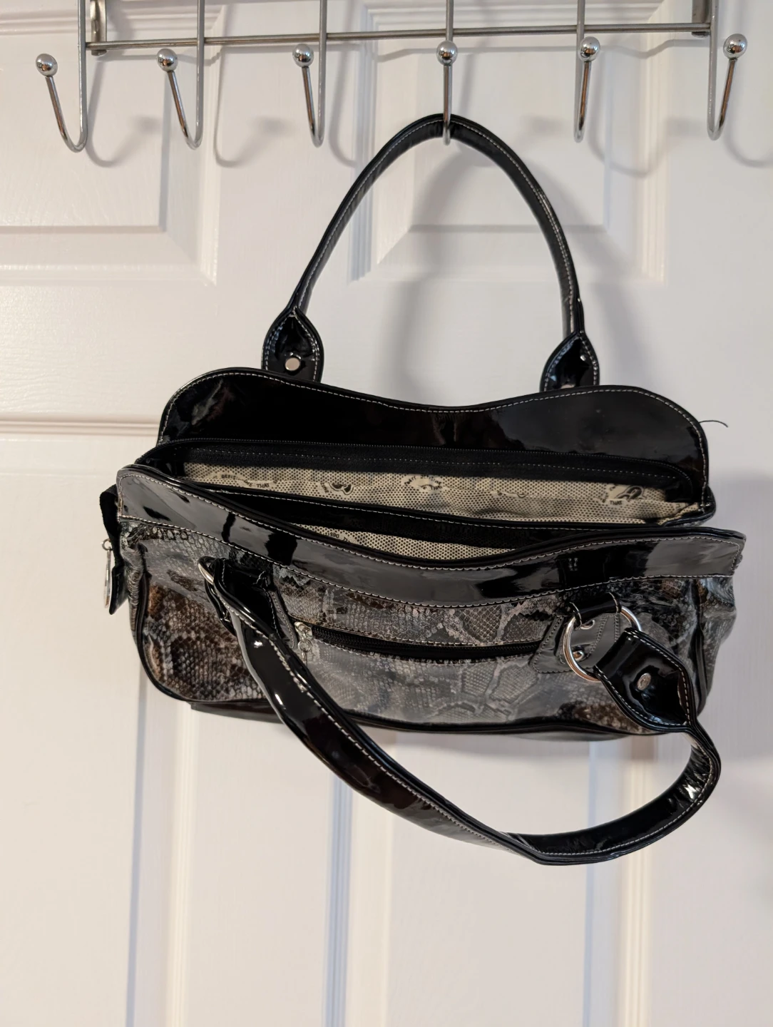 Shiny Black & Grey Snakeskin Print Handbag