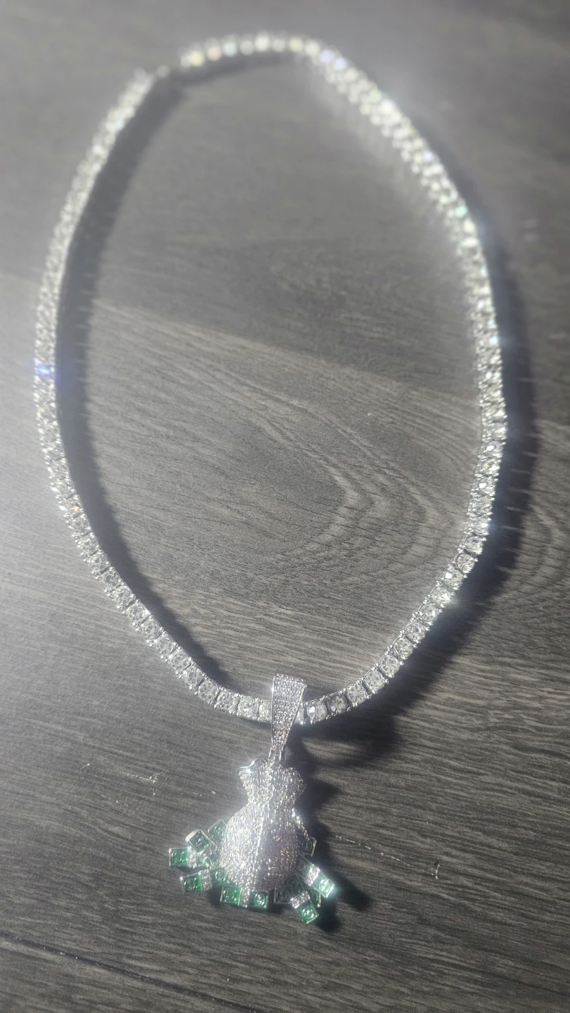 Money Bag Pendant Necklace with Tennis Chain