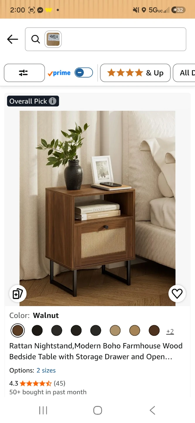 Rattan Nightstand, Modern Boho Wood Bedside Table