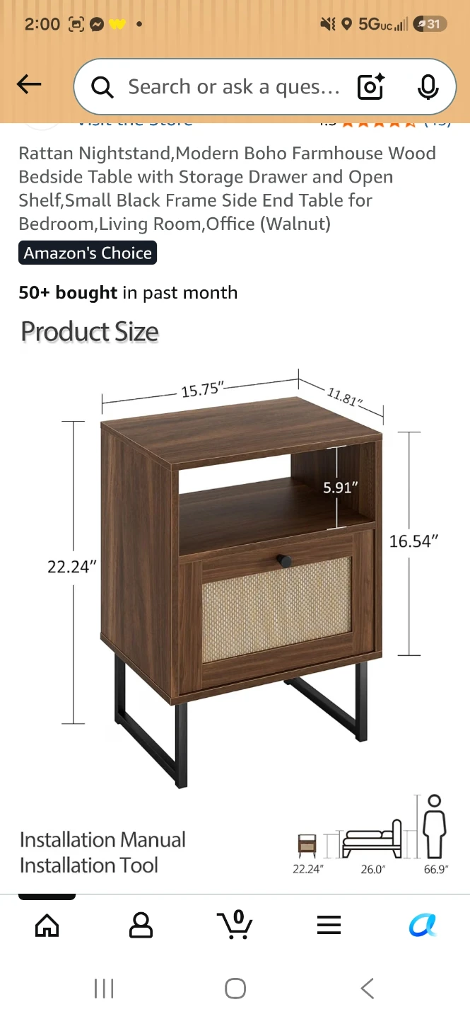 Rattan Nightstand, Modern Boho Wood Bedside Table - photo 3