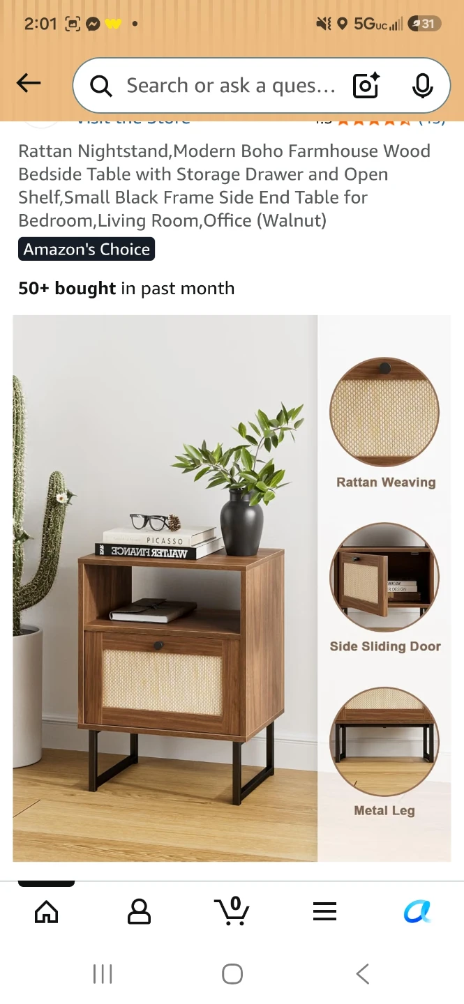 Rattan Nightstand, Modern Boho Wood Bedside Table - photo 5