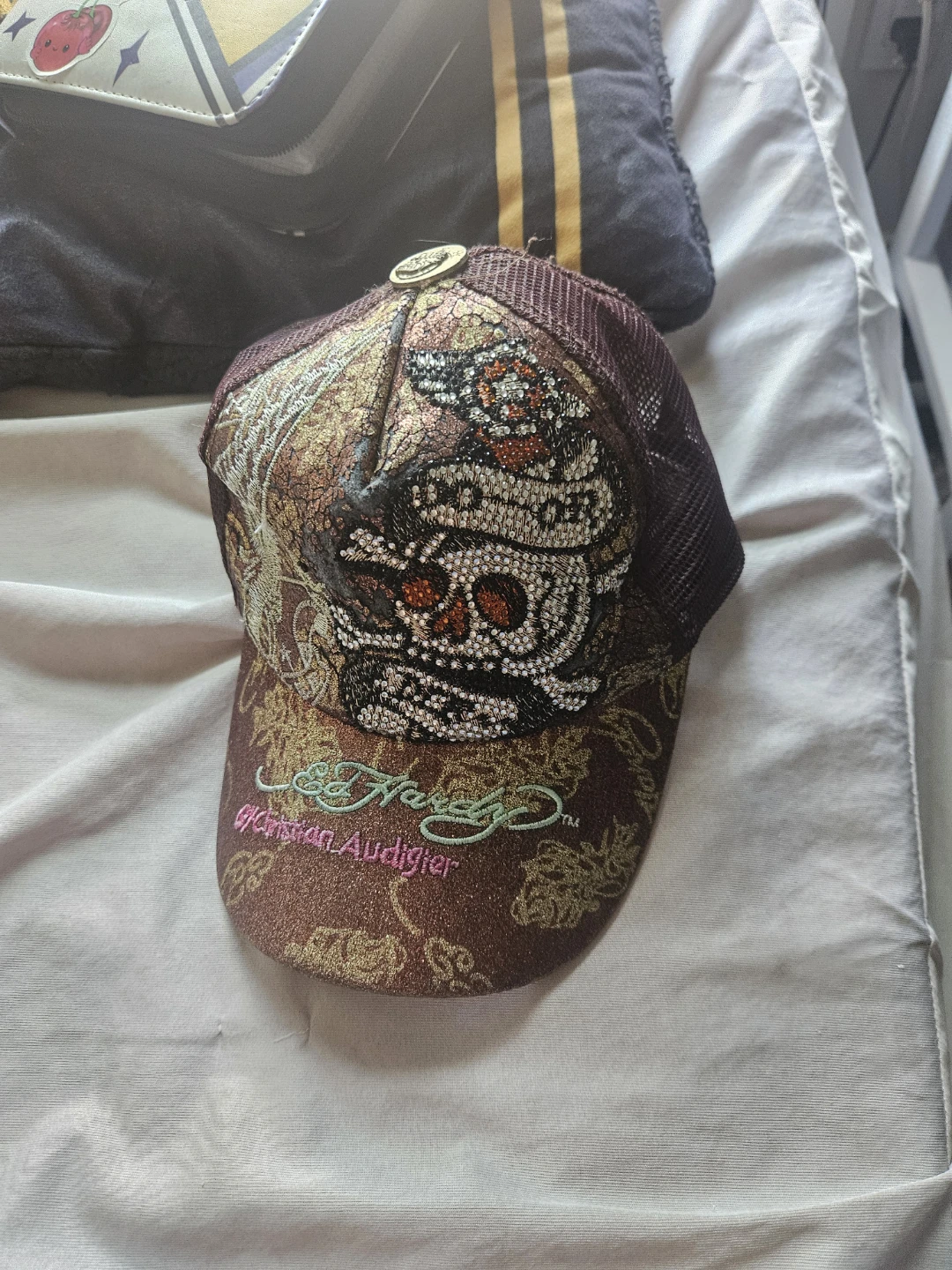 Ed Hardy Christian Audigier Rhinestone Skull Trucker Hat