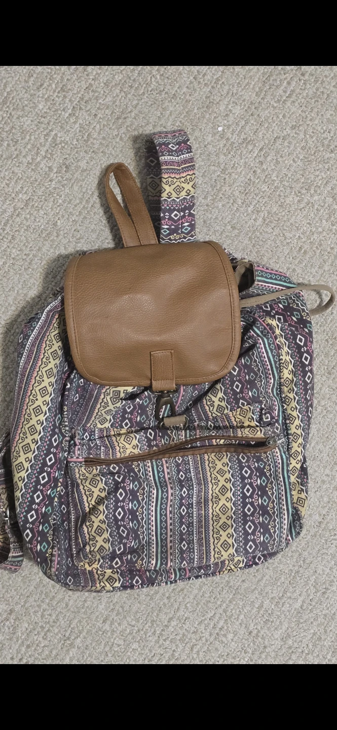Boho Print Backpack with Brown Faux Leather Accents