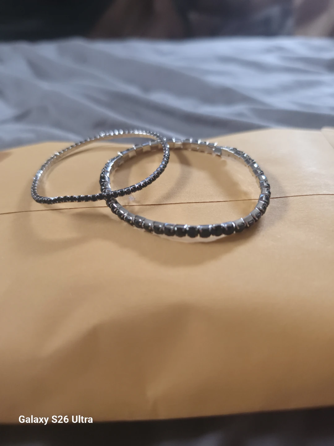 Silver Tone Stackable Bracelets with Black Stones