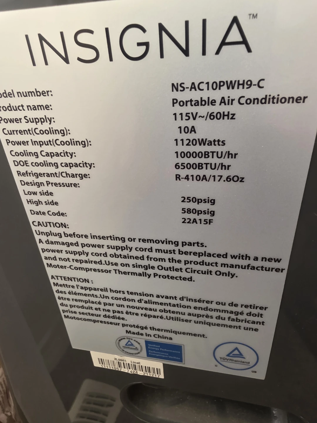 Insignia Portable Air Conditioner NS-AC10PWH9-C - photo 2