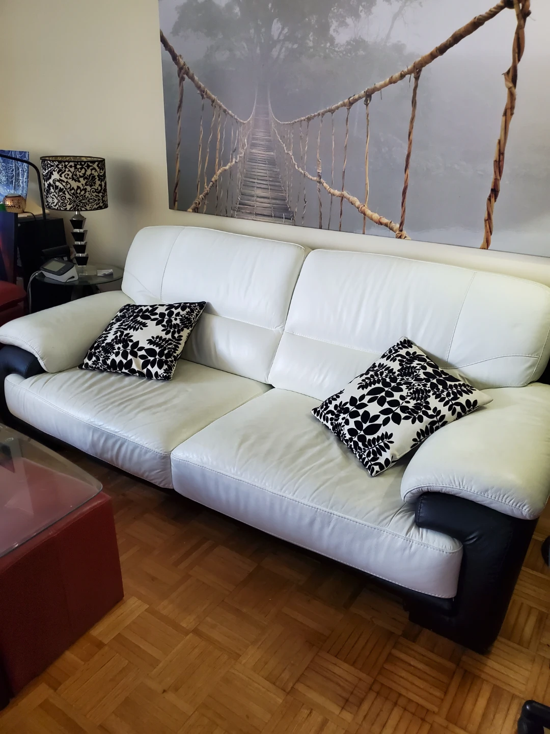 White Leather Sofa with Black Accents