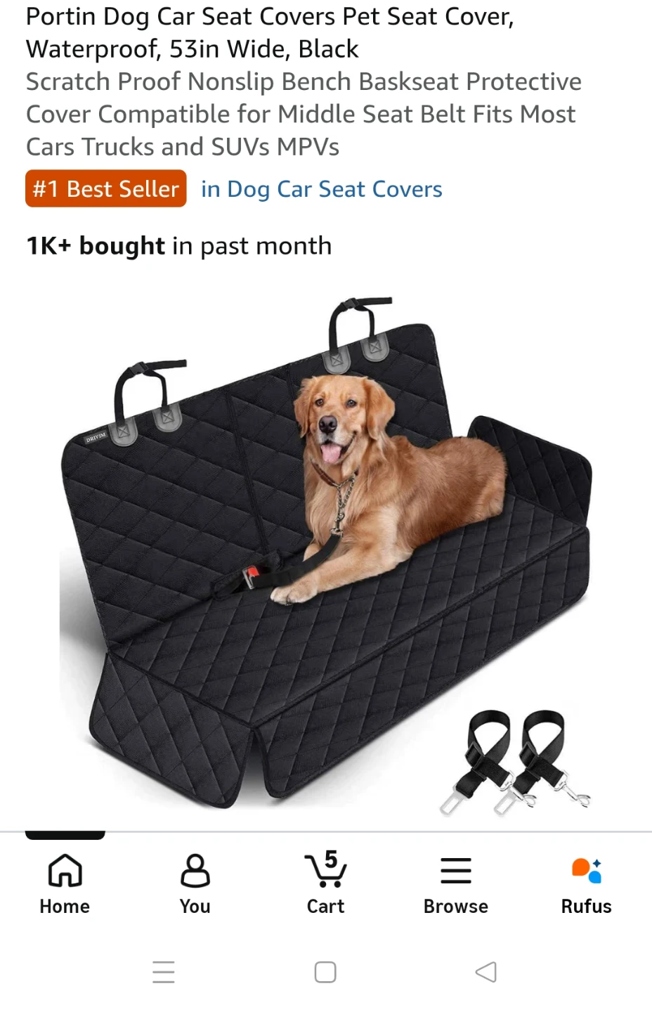 Portin Dog Seat Cover for Cars, Black