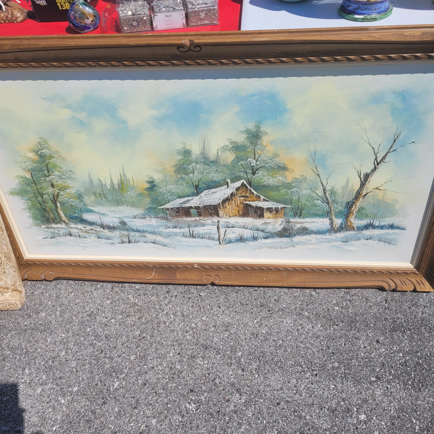 Framed Winter Cabin Oil Painting