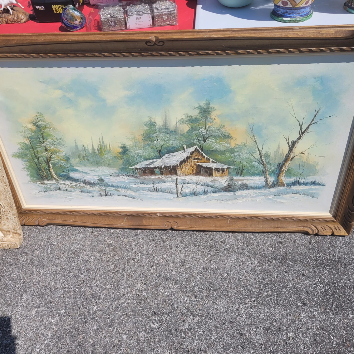 Framed Winter Cabin Oil Painting - photo 2