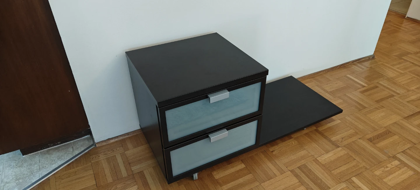 Nightstand with 2 drawers (frosted glass and casters)
