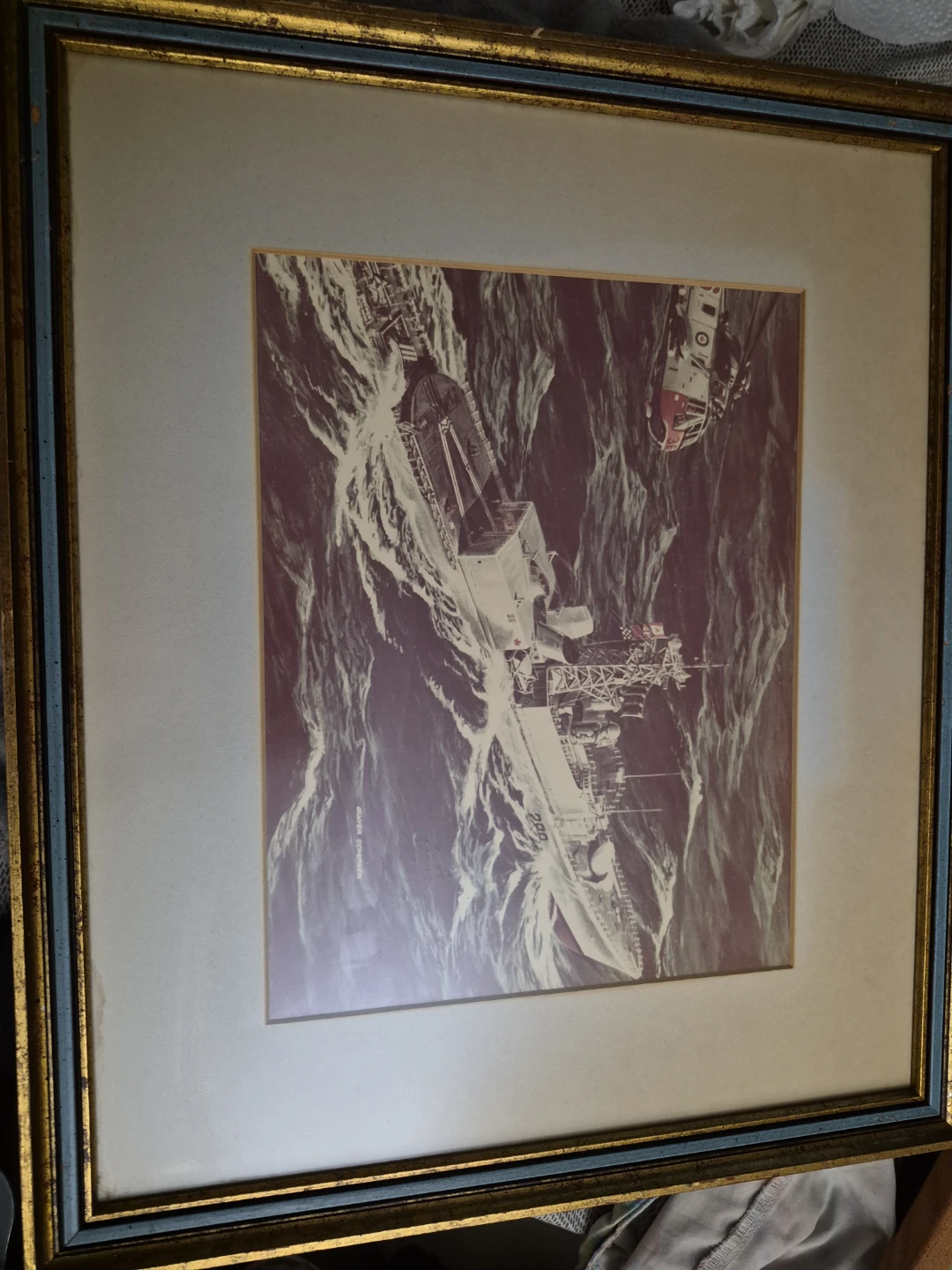 Framed Art Print: Ship and Helicopter in Rough Seas