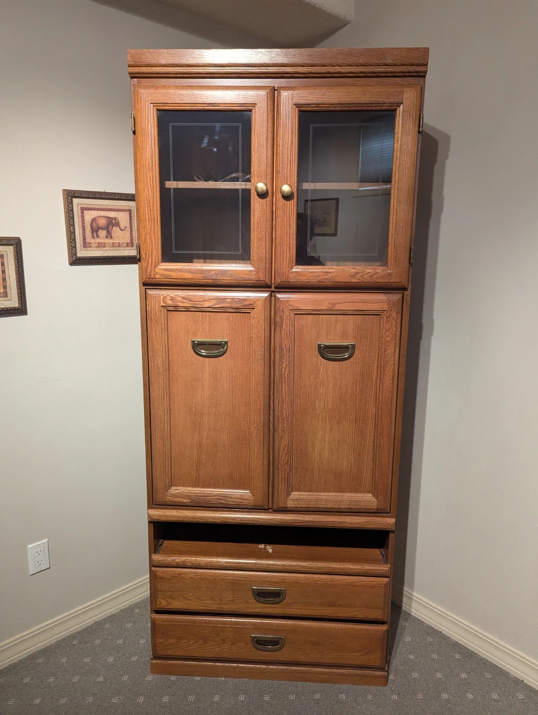 Wooden media cabinet with glass doors and drawers - photo 2