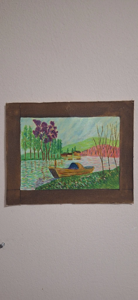 Original Oil Painting on Canvas - Riverside Boat Scene