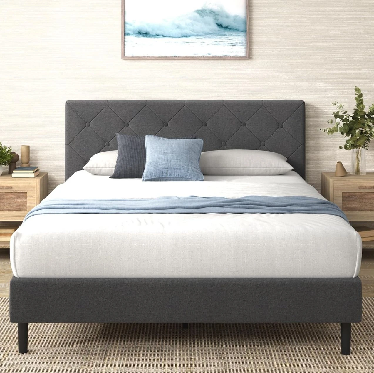 Dark Grey Upholstered Bed Frame with Tufted Headboard