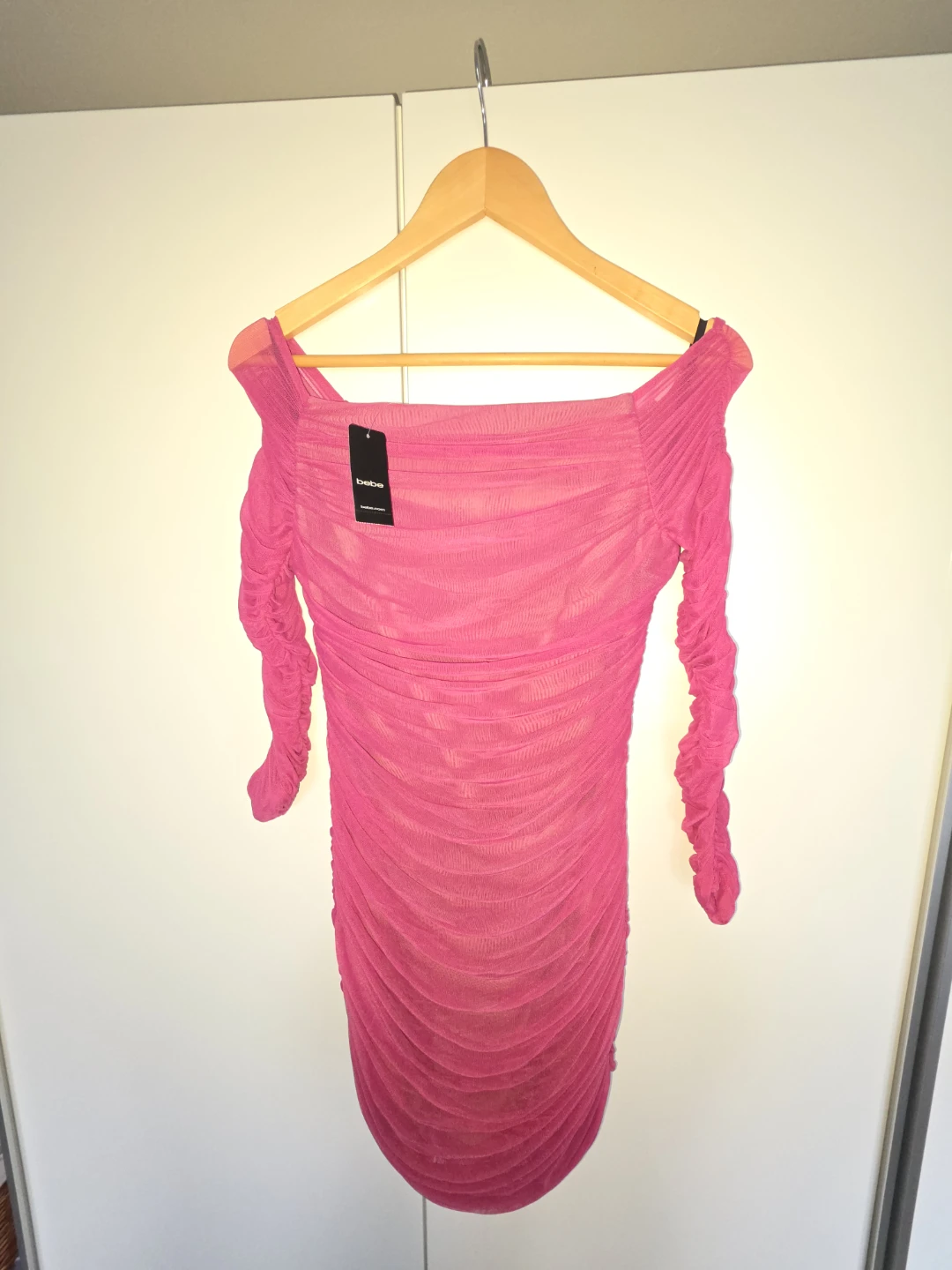 Bebe Pink Ruched Mesh Off-the-Shoulder Dress