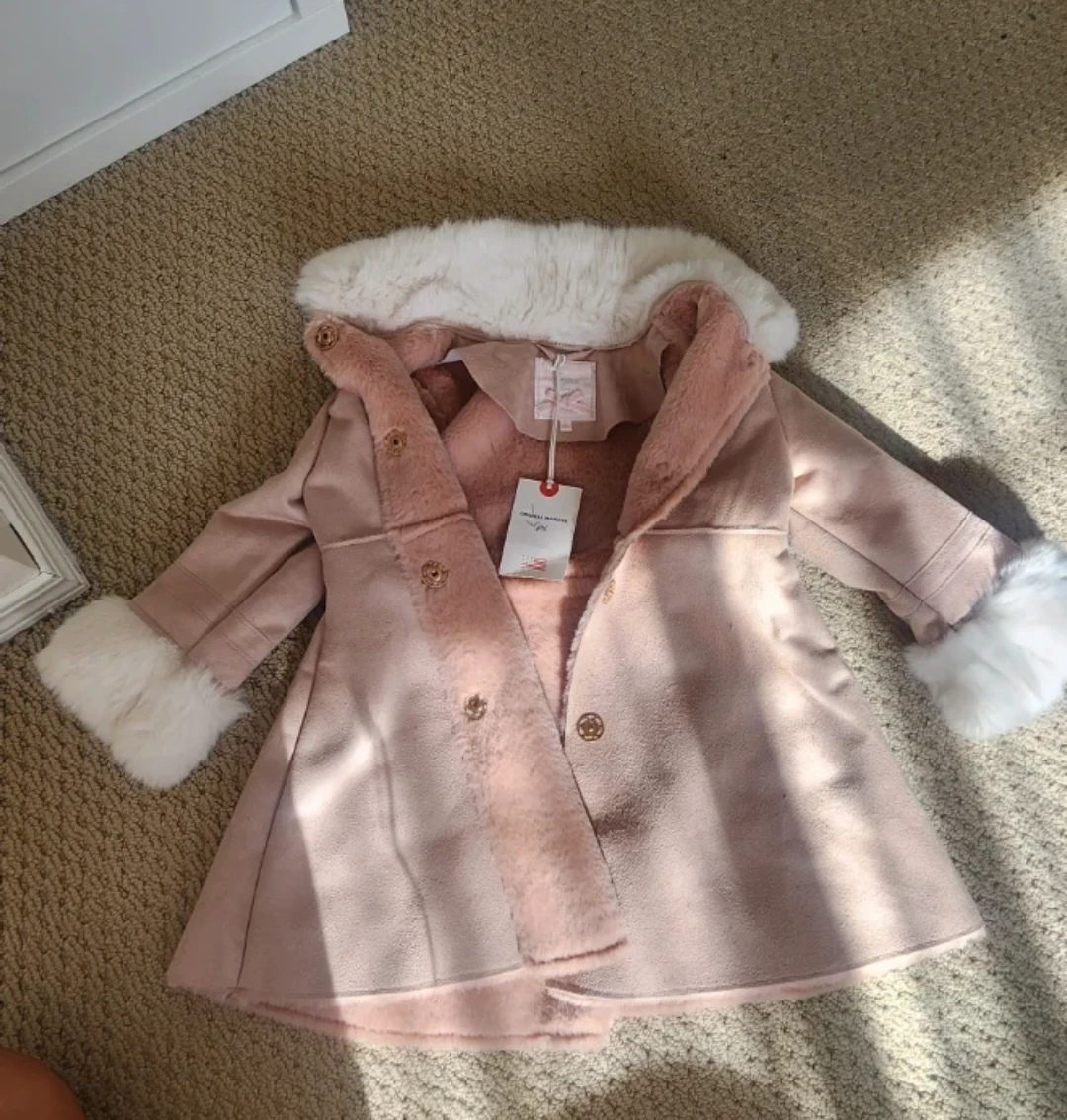 Girls Pink Faux Fur Trimmed Coat - Size 4-5