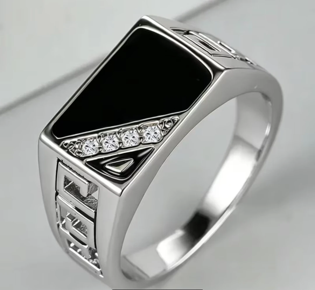 Men's Silver Signet Ring with Black Stone - photo 2