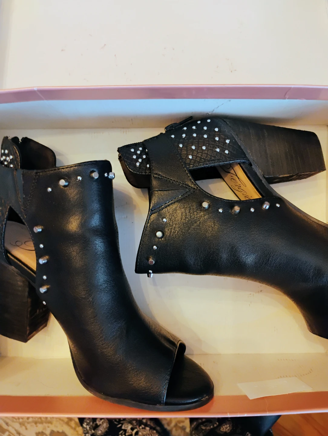 Black Studded Fergie Peep Toe Ankle Boots 7.5