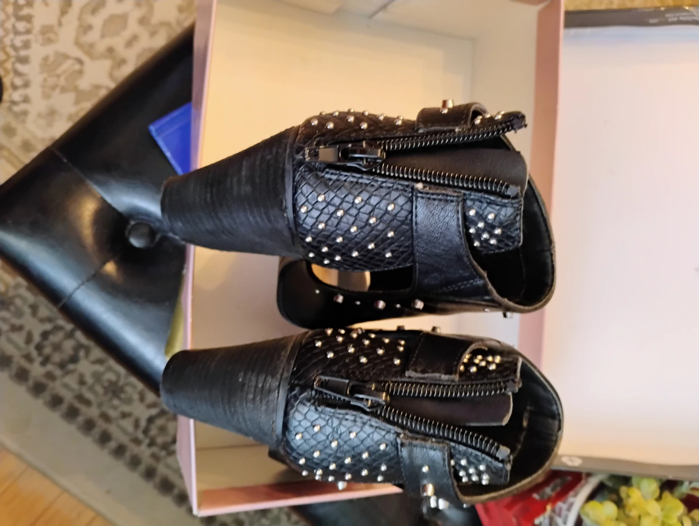 Black Studded Fergie Peep Toe Ankle Boots 7.5 - photo 5