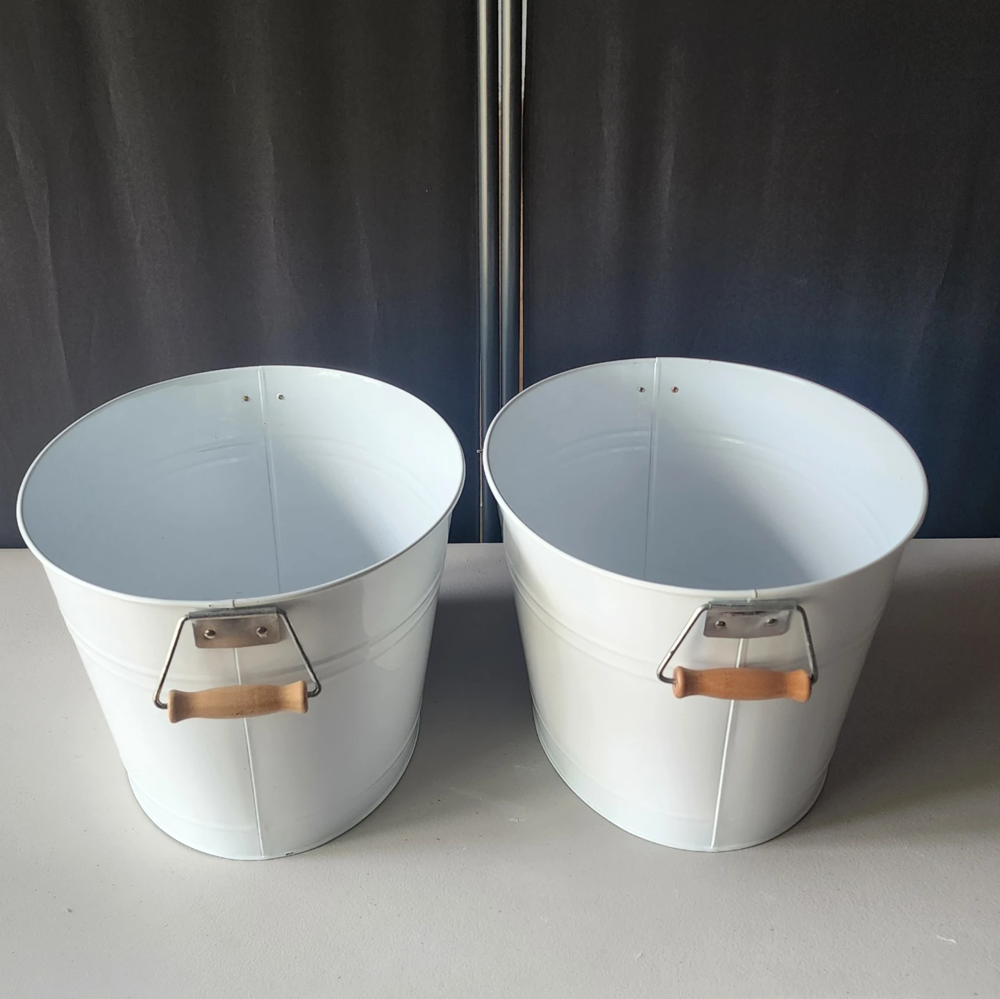 Two White Tubs with Wooden Handles