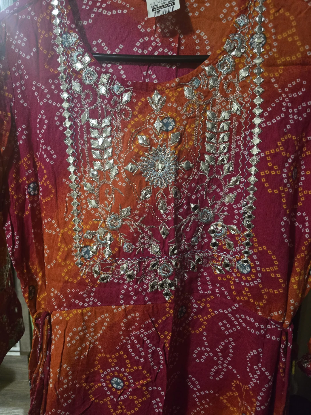 New Orange and Pink Tie-Dye Kurti with Embellished Neckline