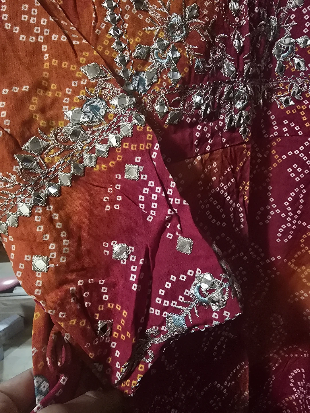 New Orange and Pink Tie-Dye Kurti with Embellished Neckline - photo 2