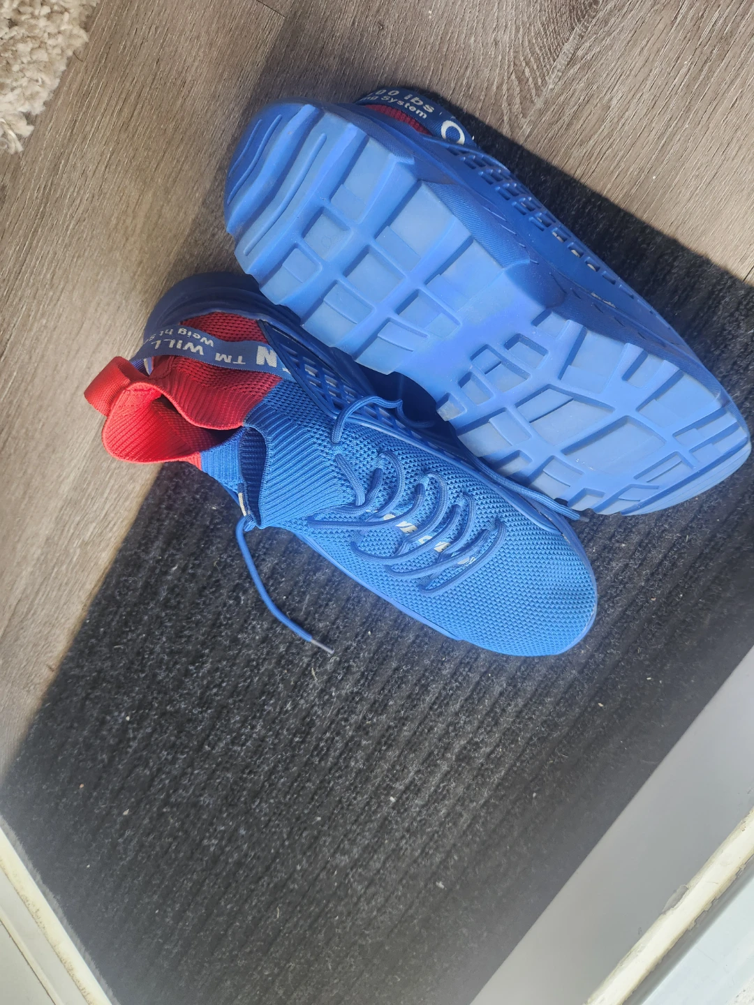 Blue and red knit sneakers