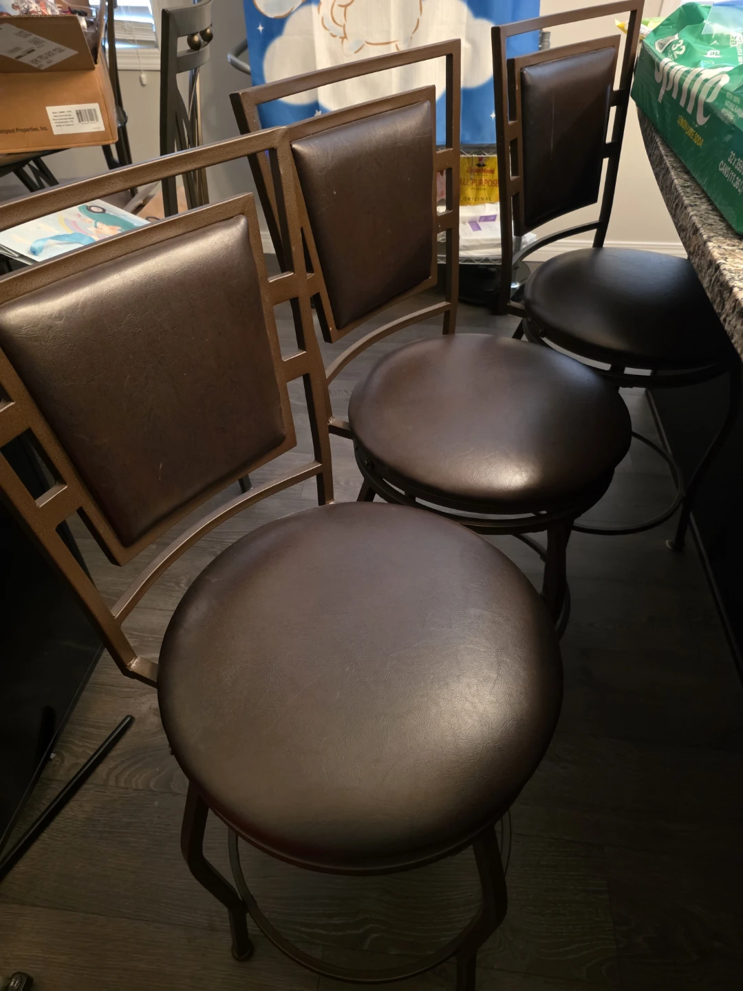 Set of 3 Brown Faux Leather Swivel Bar Stools