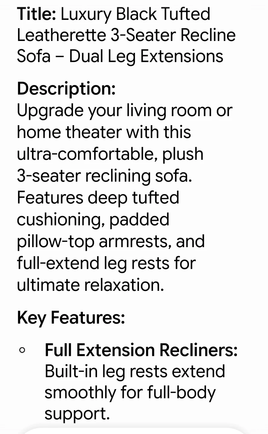 Black Plush Tufted 3-Seater Reclining Sofa - photo 3