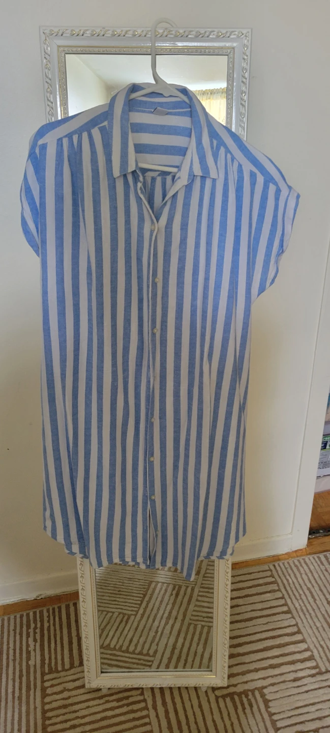 Blue and White Striped Button-Up Shirt Dress