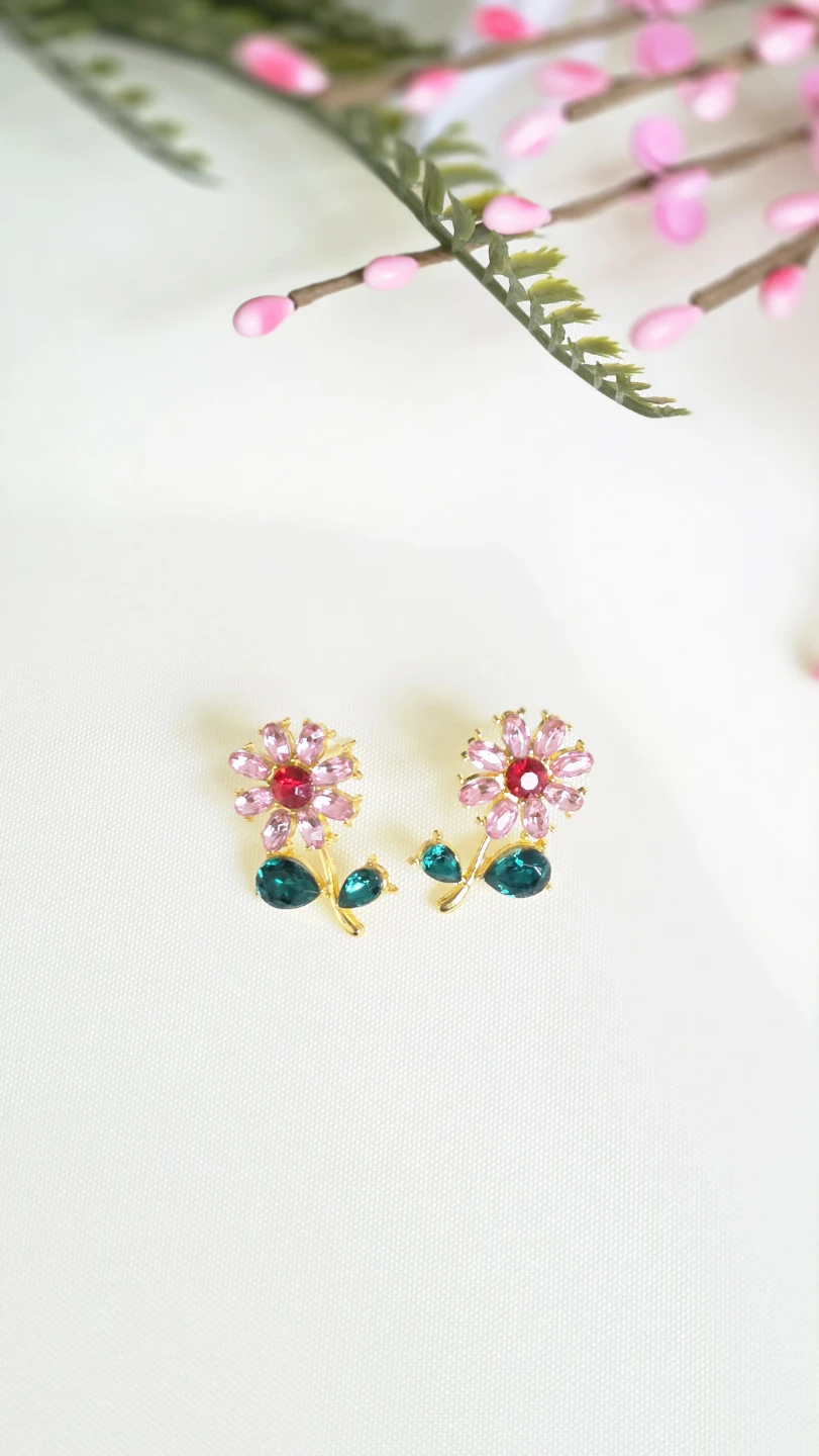 Flower Stud Earrings with Pink and Red Gems