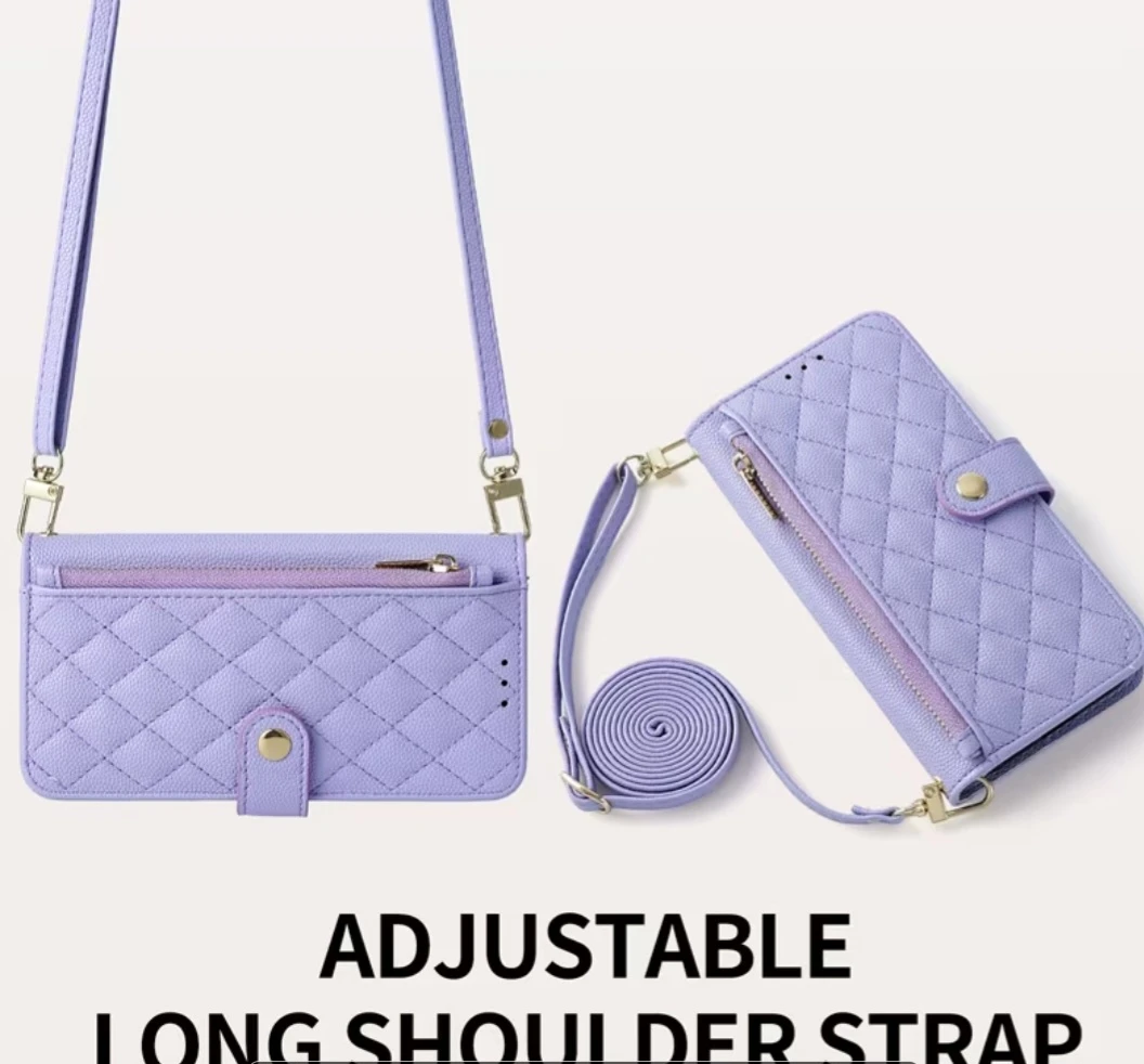 Purple Quilted Wallet Phone Case with Long Shoulder Strap