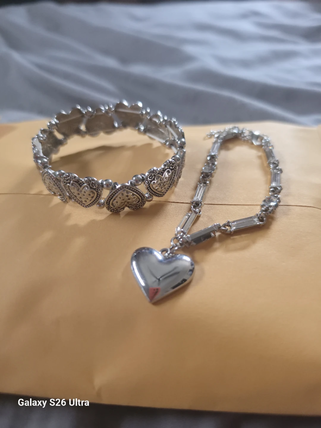 Silver Tone Heart Charm Bracelet and Necklace Set