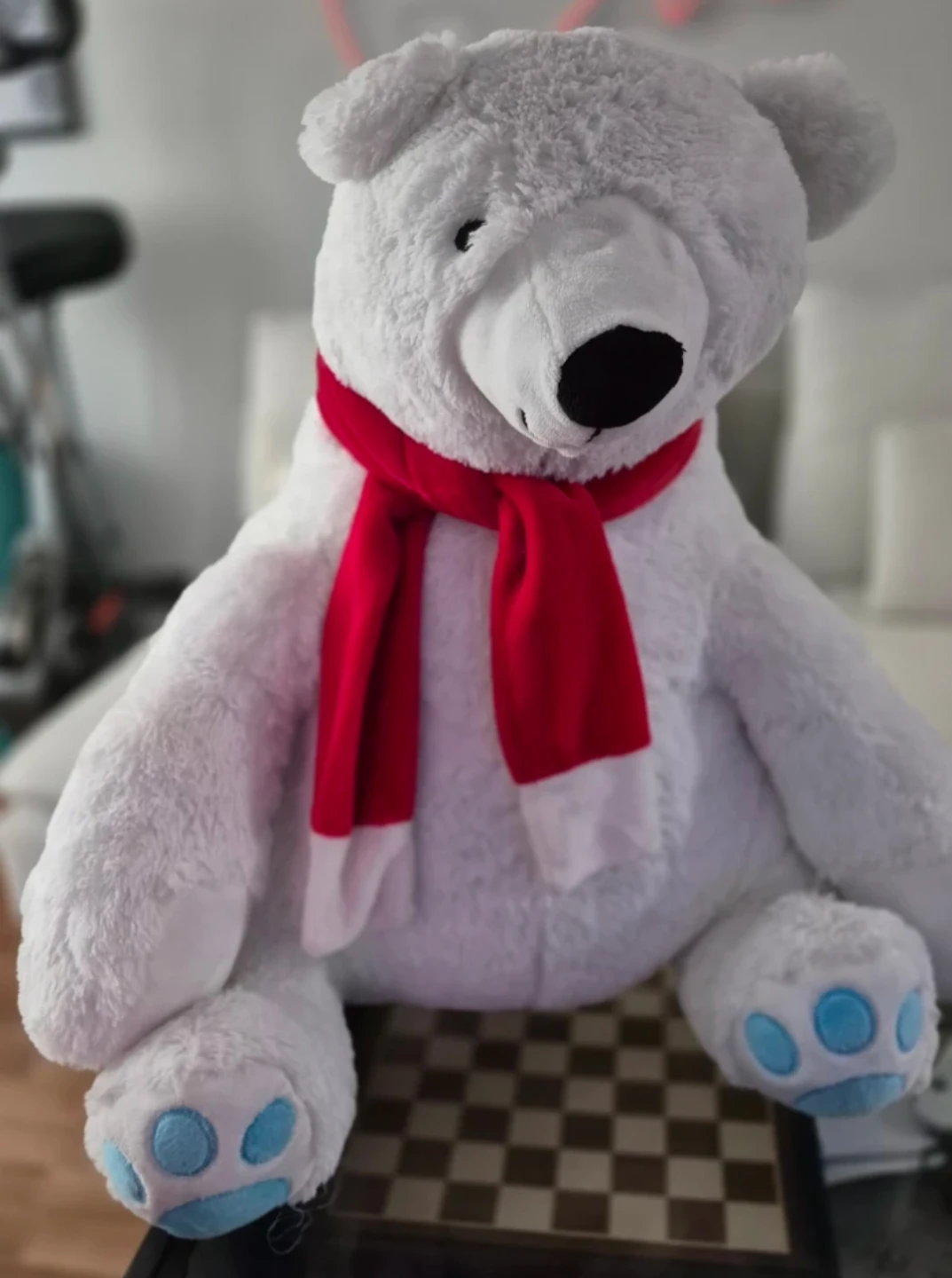 Large White Plush Polar Bear with Red Scarf