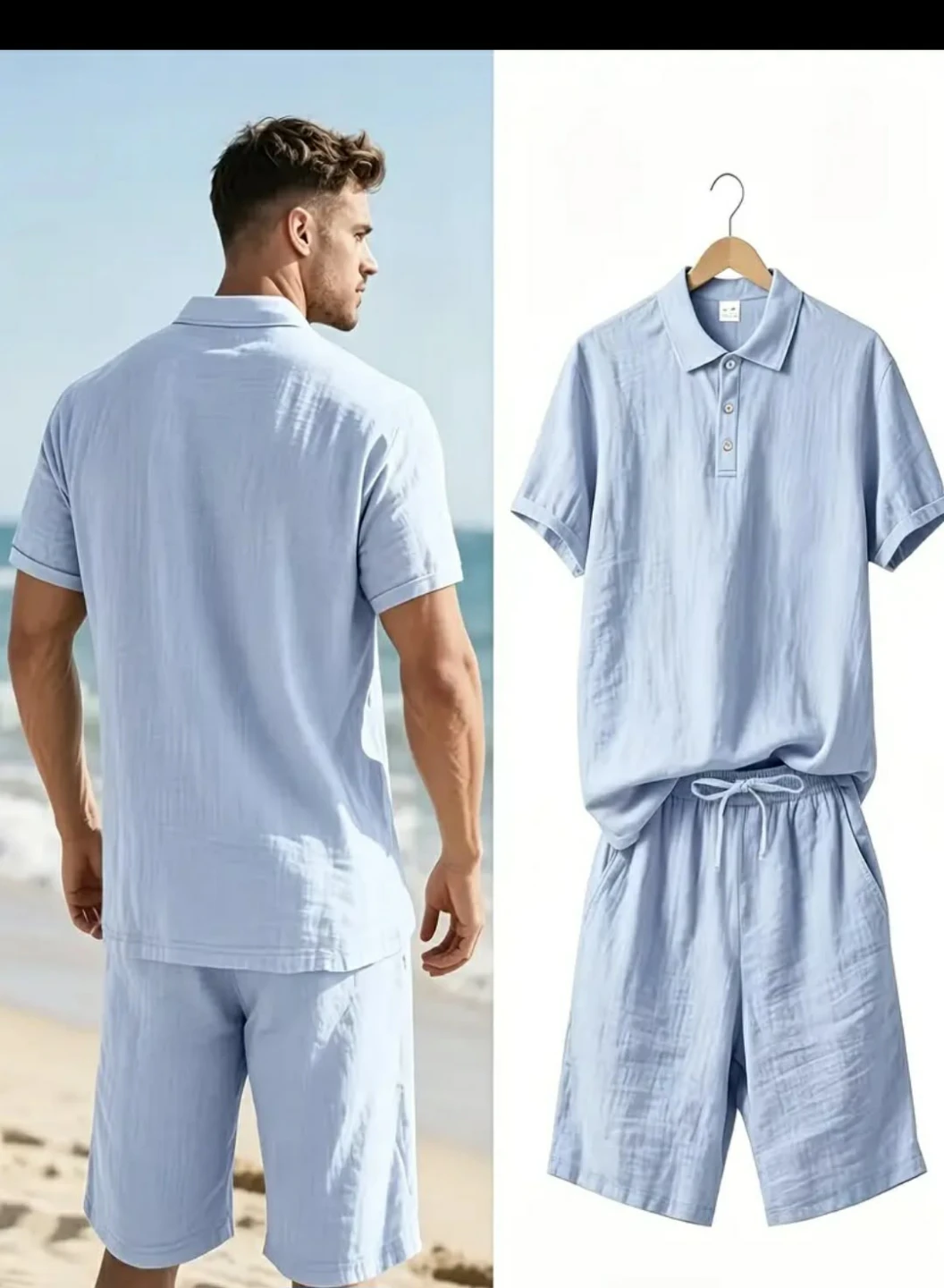 Men's Linen Polo Shirt and Shorts Set - photo 3