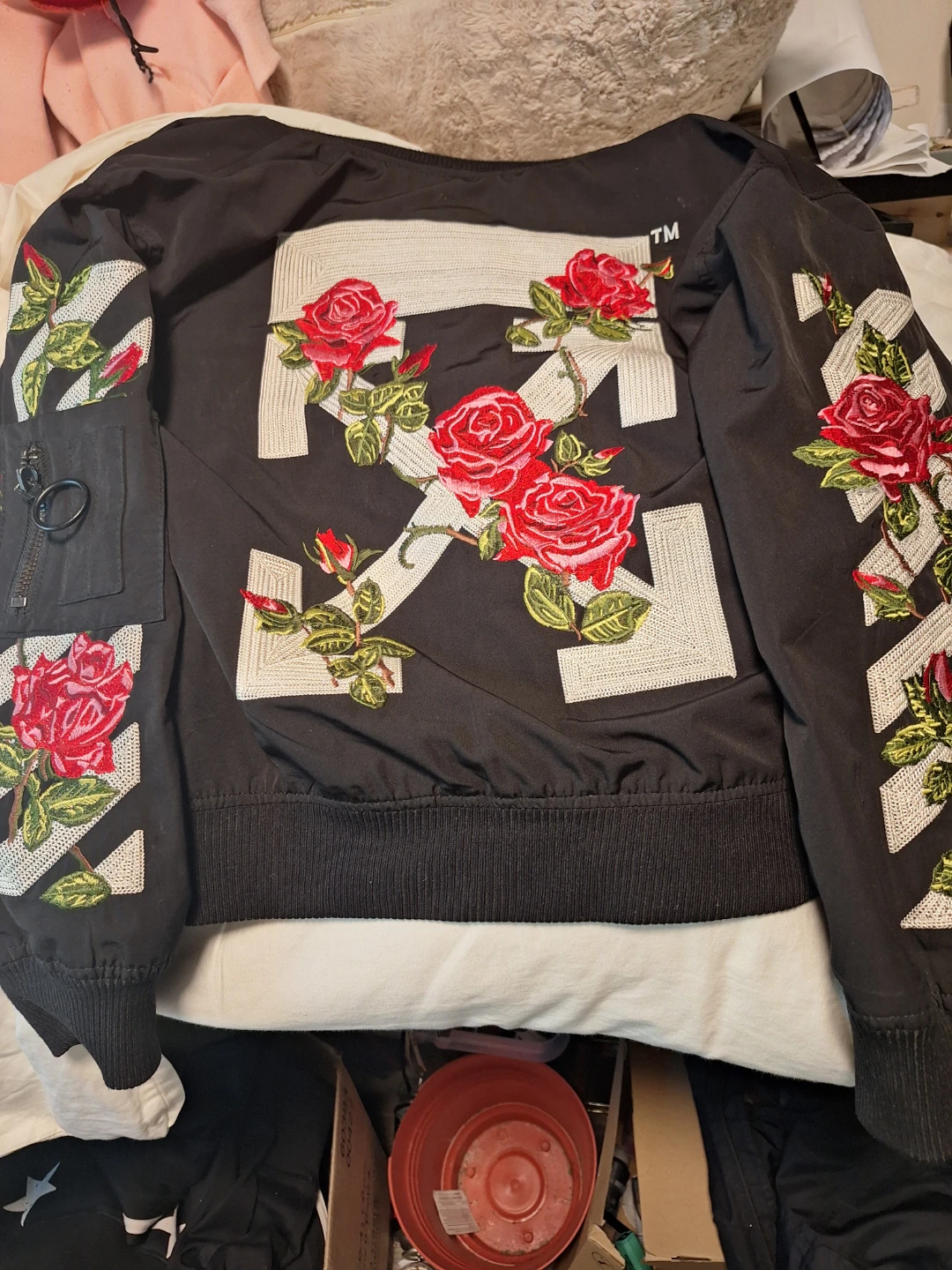 OFF-WHITE Bomber Jacket Black Red Rose Embroidery