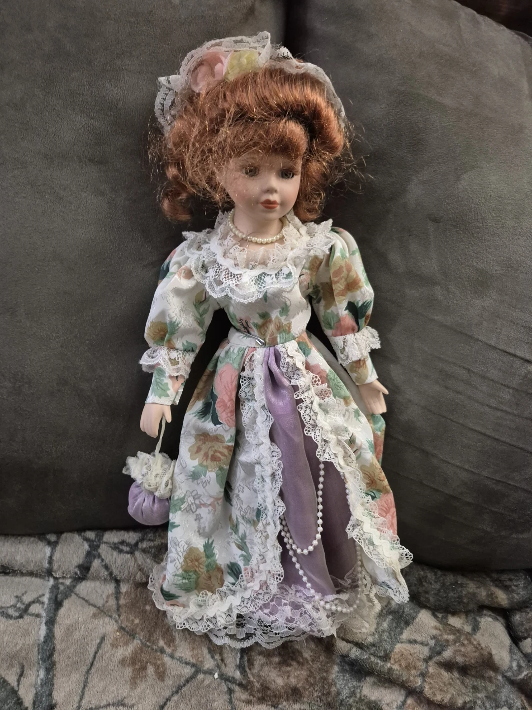 Vintage Porcelain Doll with Floral Dress