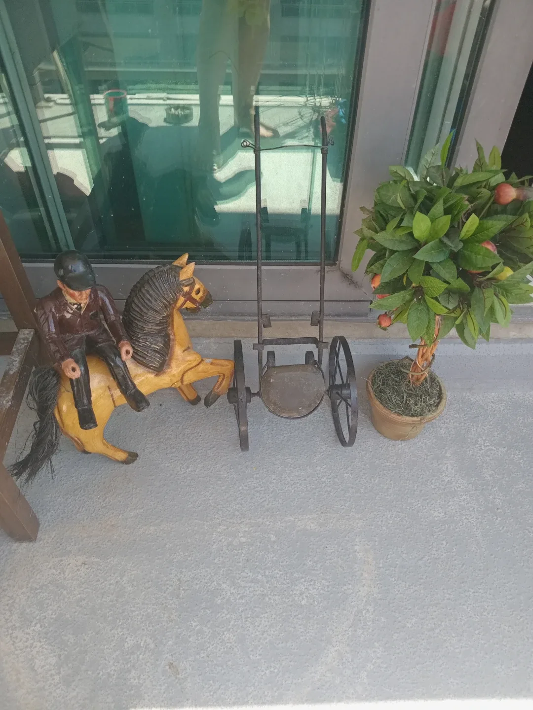 Wooden Cowboy on Horse Pull Cart Figurine