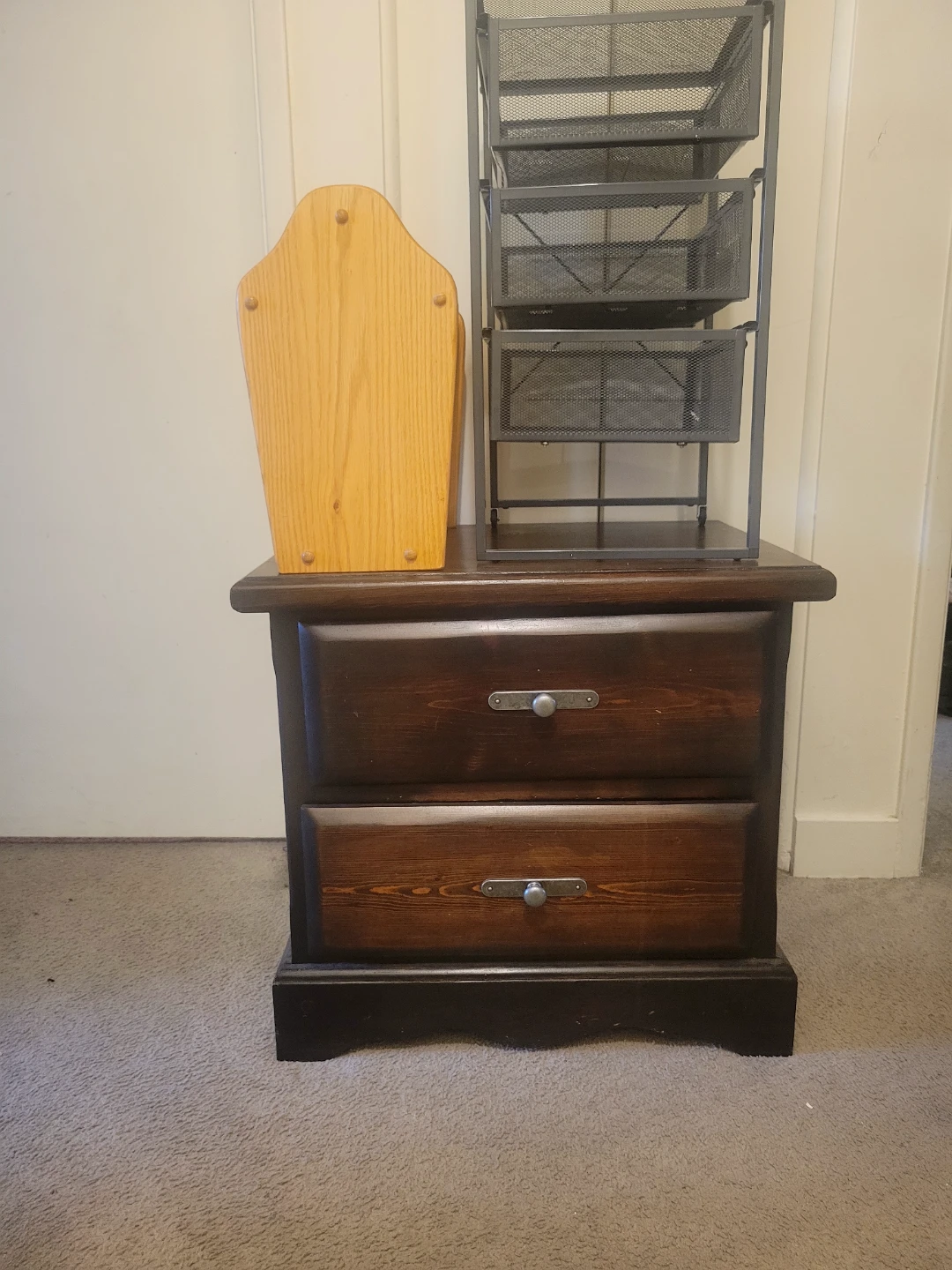 Dark wood nightstand/metal organizer/wooden magazine rack